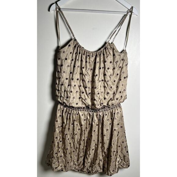 Max Azria Collection Sz 4 Tan 100% Silk Embroidered Polka Dot Bubble Hem Dress - Picture 3 of 12